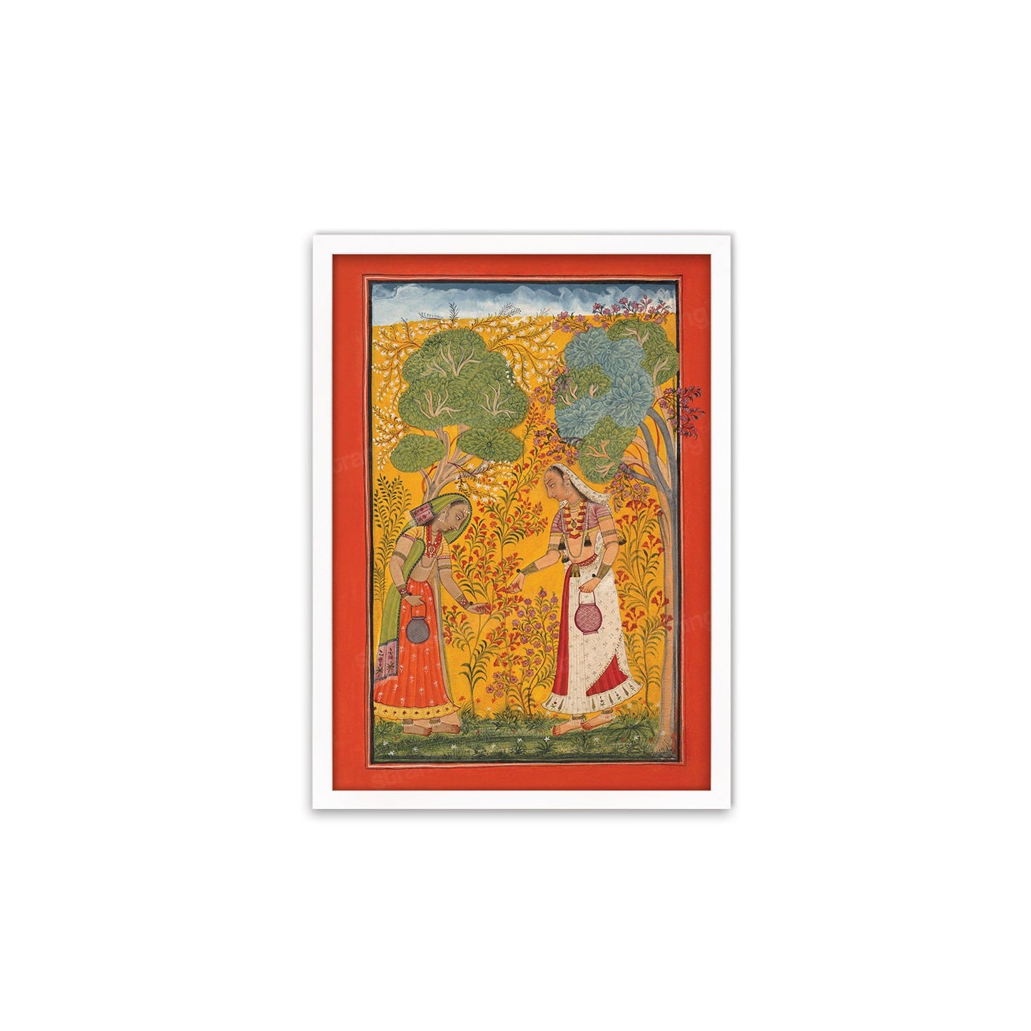 Framed Indian Art Vintage Print Poster Antique Vasanti Ragini Mehndi Henna Spring Hindu Ragamala Punjab India Painting Beautiful Garden Rani