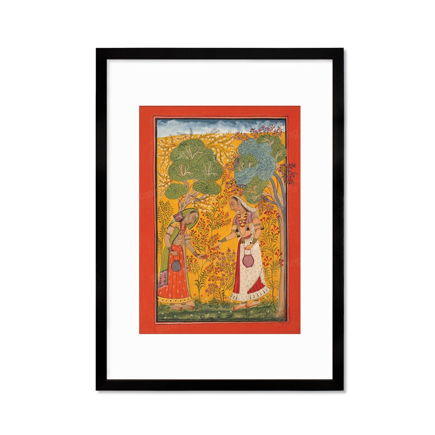 Framed Indian Art Vintage Print Poster Antique Vasanti Ragini Mehndi Henna Spring Hindu Ragamala Punjab India Painting Beautiful Garden Rani