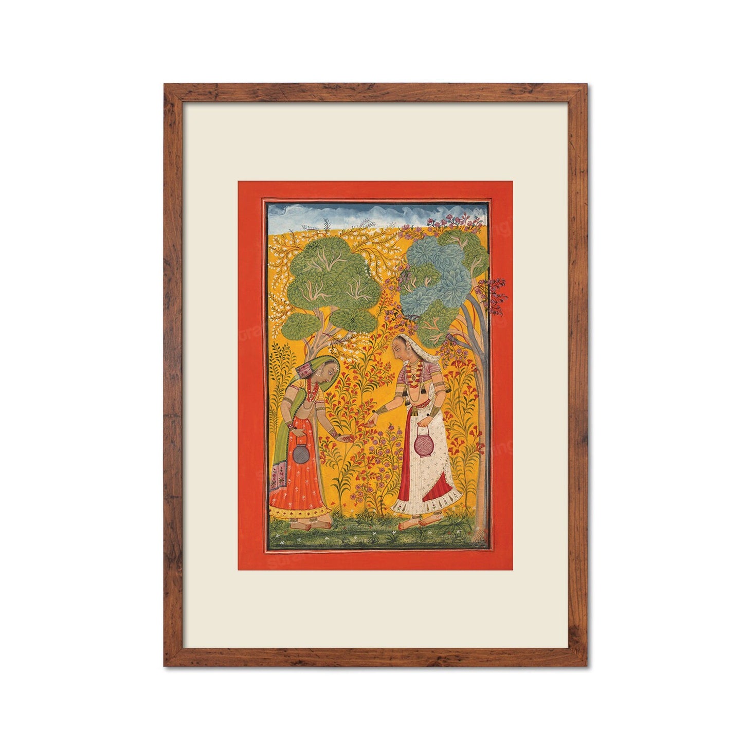 Framed Indian Art Vintage Print Poster Antique Vasanti Ragini Mehndi Henna Spring Hindu Ragamala Punjab India Painting Beautiful Garden Rani