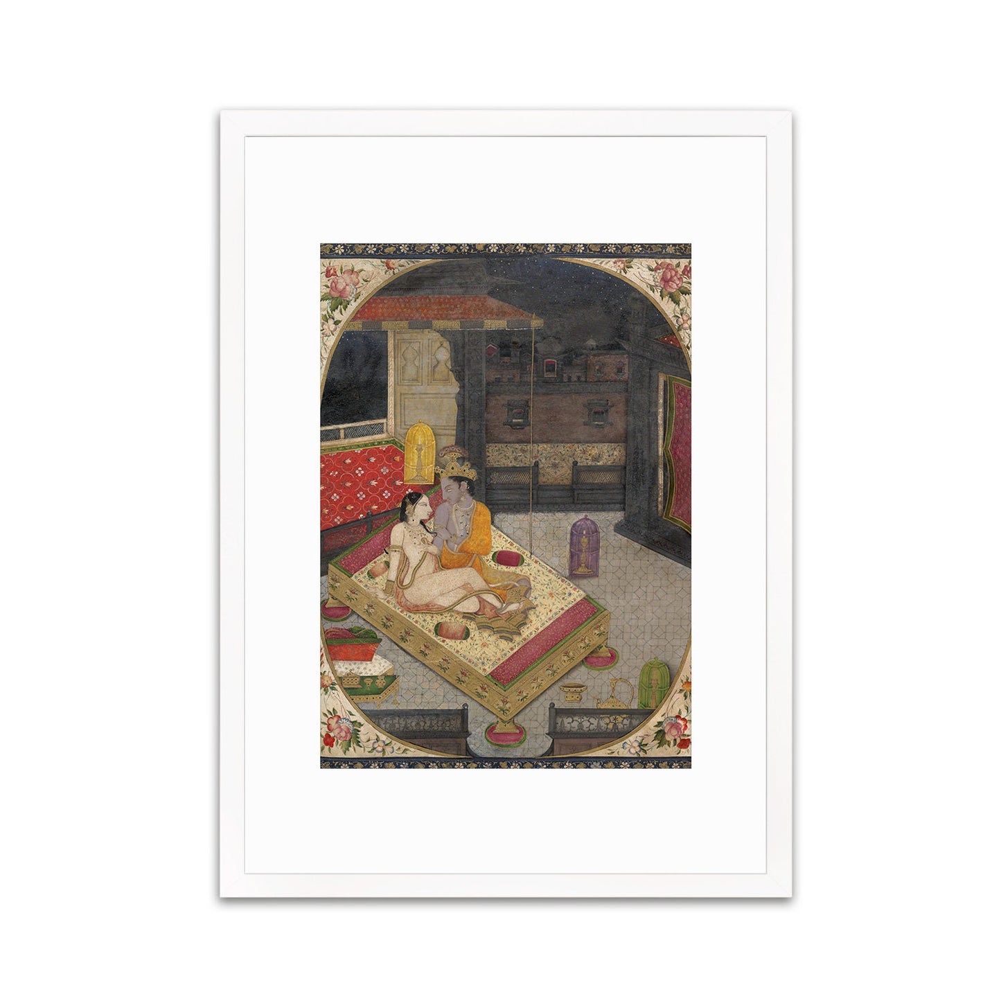 Framed Indian Art Vintage Print Poster Antique Radha and Krishna in Bed at Night Lovers Hindu Gita Govinda Punjab India Painting Sensual