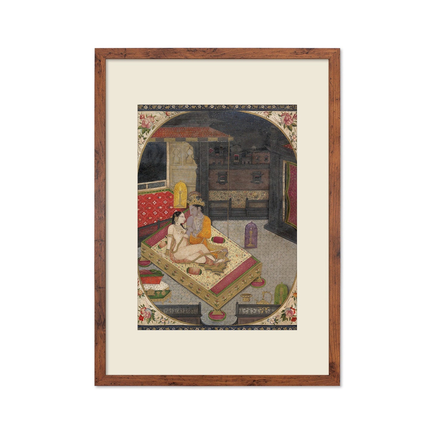 Framed Indian Art Vintage Print Poster Antique Radha and Krishna in Bed at Night Lovers Hindu Gita Govinda Punjab India Painting Sensual