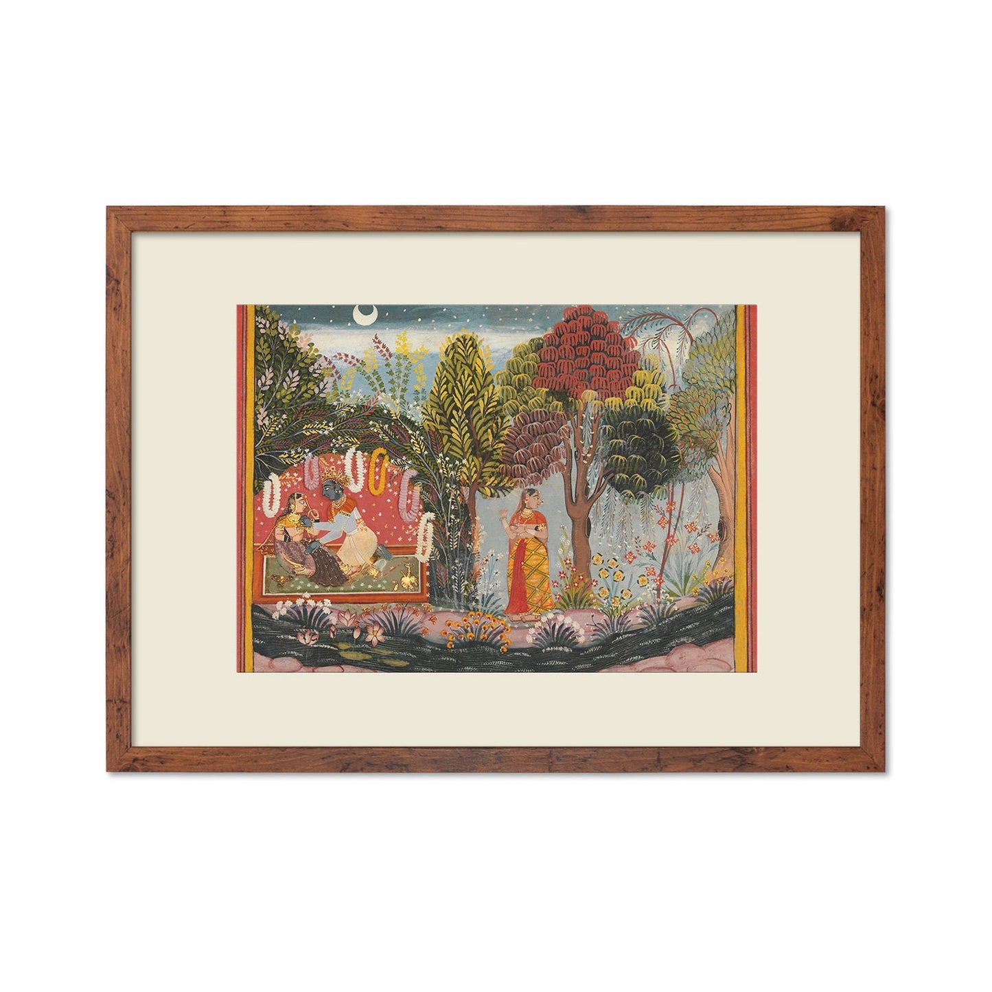 Framed Indian Art Vintage Print Poster Antique Radha and Krishna in a Bower Garden Lovers Sahibdin Hindu Gita Govinda Painting Sensual Frame