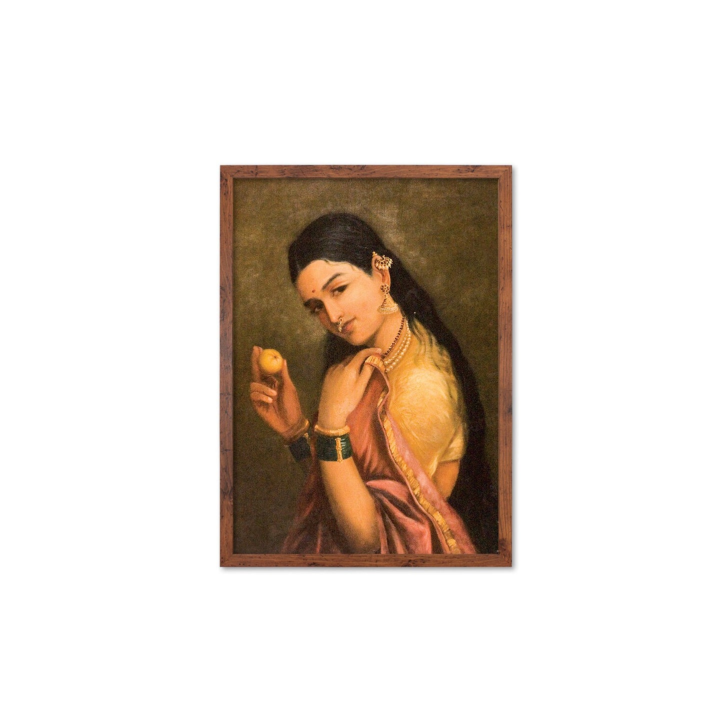 Framed Indian Art Vintage Print Poster Antique Raja Ravi Varma Woman Holding Fruit with India Hindu Kerala Tamil Nadu Painting Beautiful