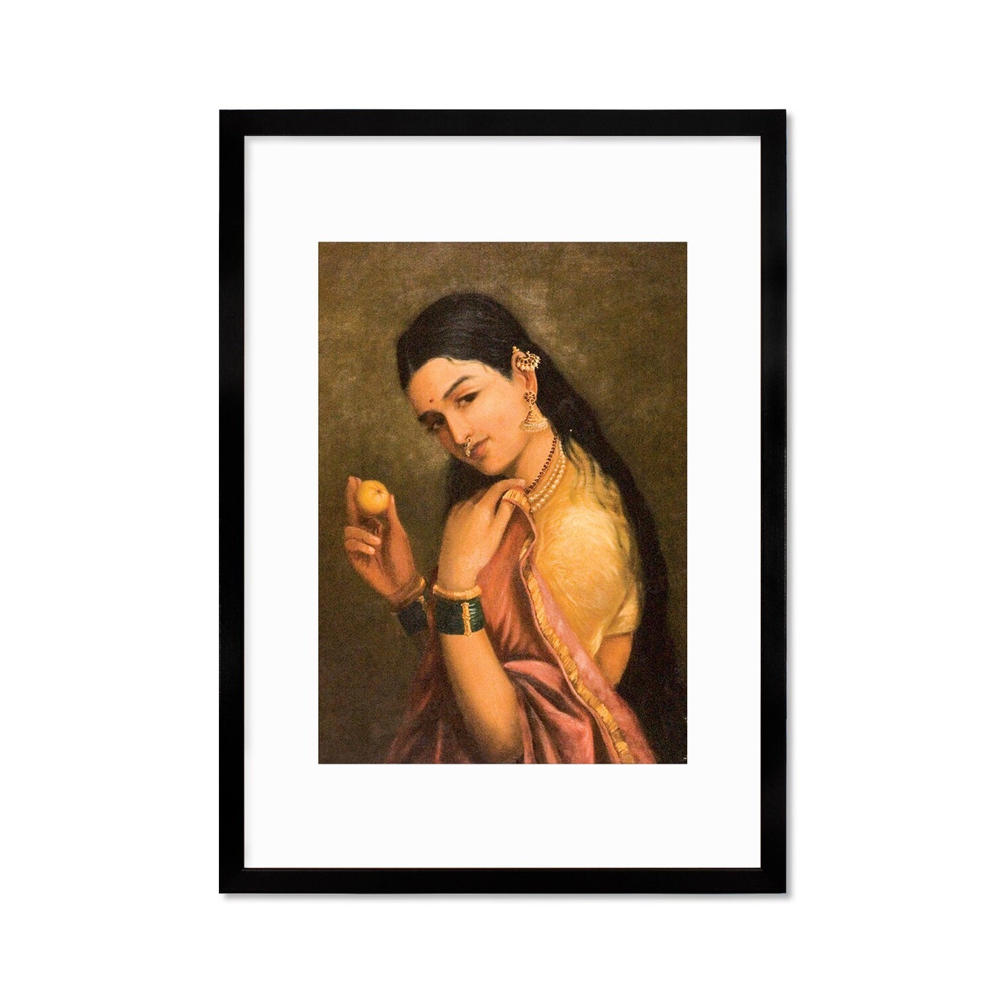 Framed Indian Art Vintage Print Poster Antique Raja Ravi Varma Woman Holding Fruit with India Hindu Kerala Tamil Nadu Painting Beautiful
