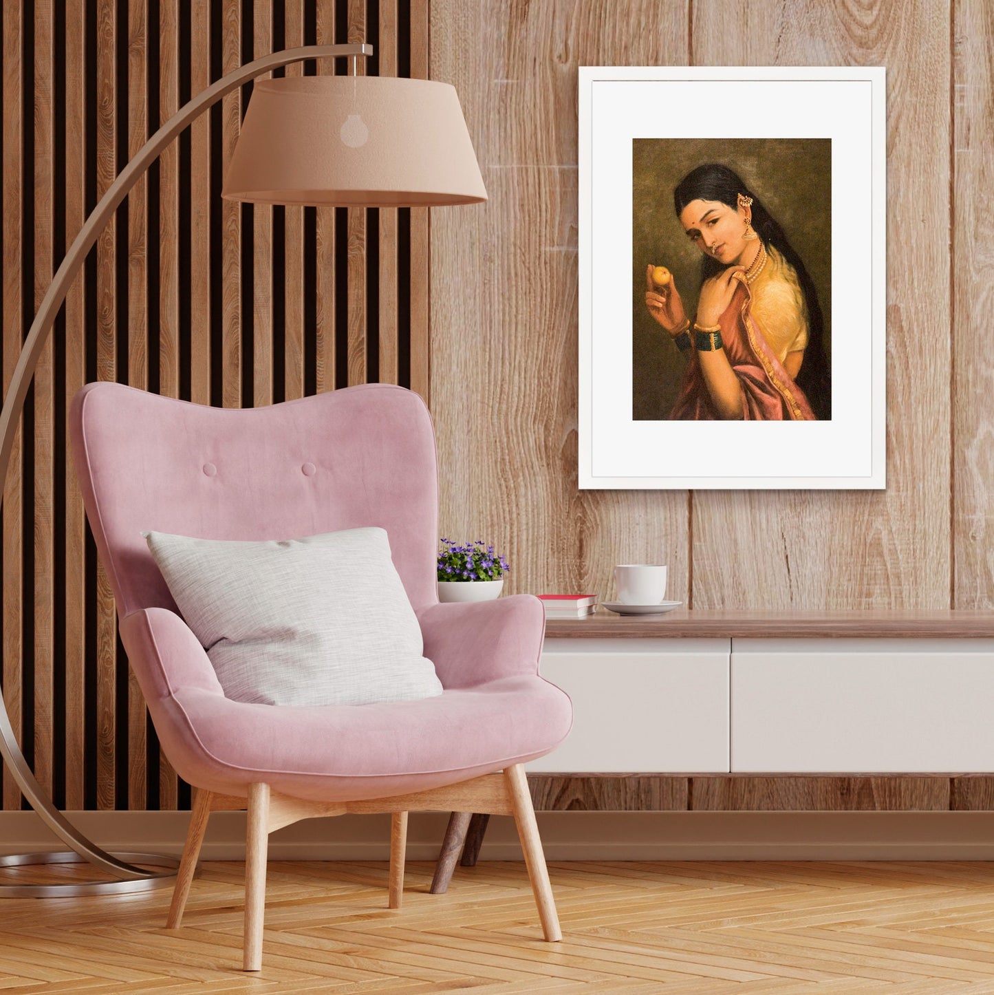 Framed Indian Art Vintage Print Poster Antique Raja Ravi Varma Woman Holding Fruit with India Hindu Kerala Tamil Nadu Painting Beautiful