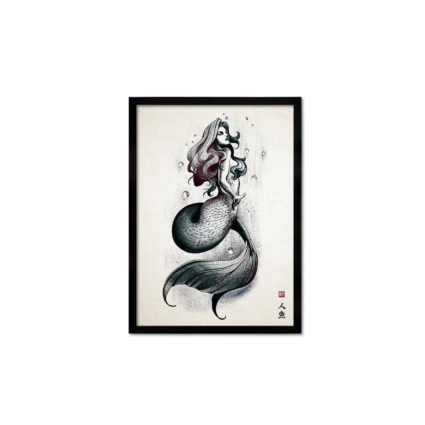 Mermaid Wall Art Framed Print Poster Japanese Calligraphy Yokai Anime Manga Ukiyo-e Woodblock Elegant Room Decor Beautiful Pretty Aesthetic