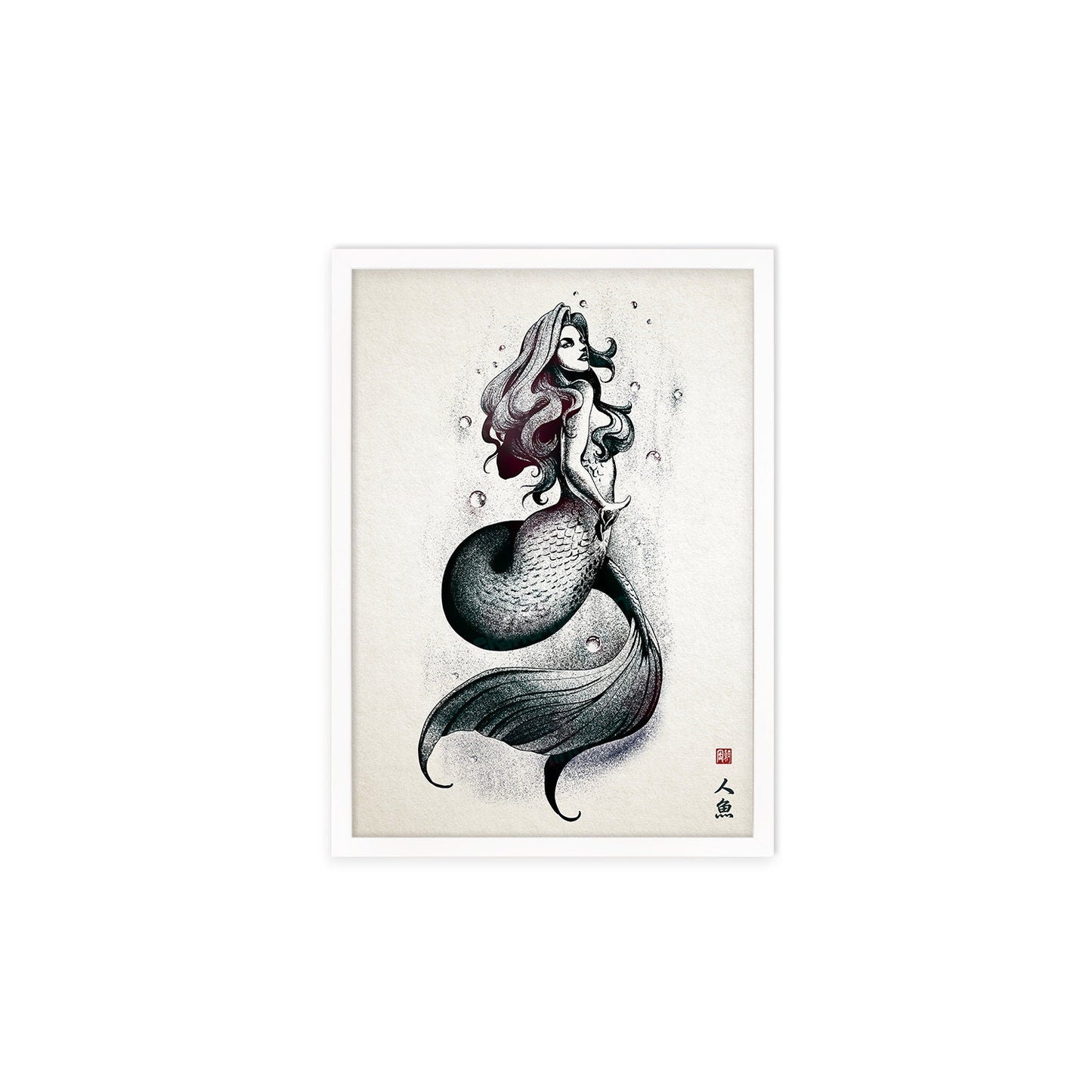 Mermaid Wall Art Framed Print Poster Japanese Calligraphy Yokai Anime Manga Ukiyo-e Woodblock Elegant Room Decor Beautiful Pretty Aesthetic