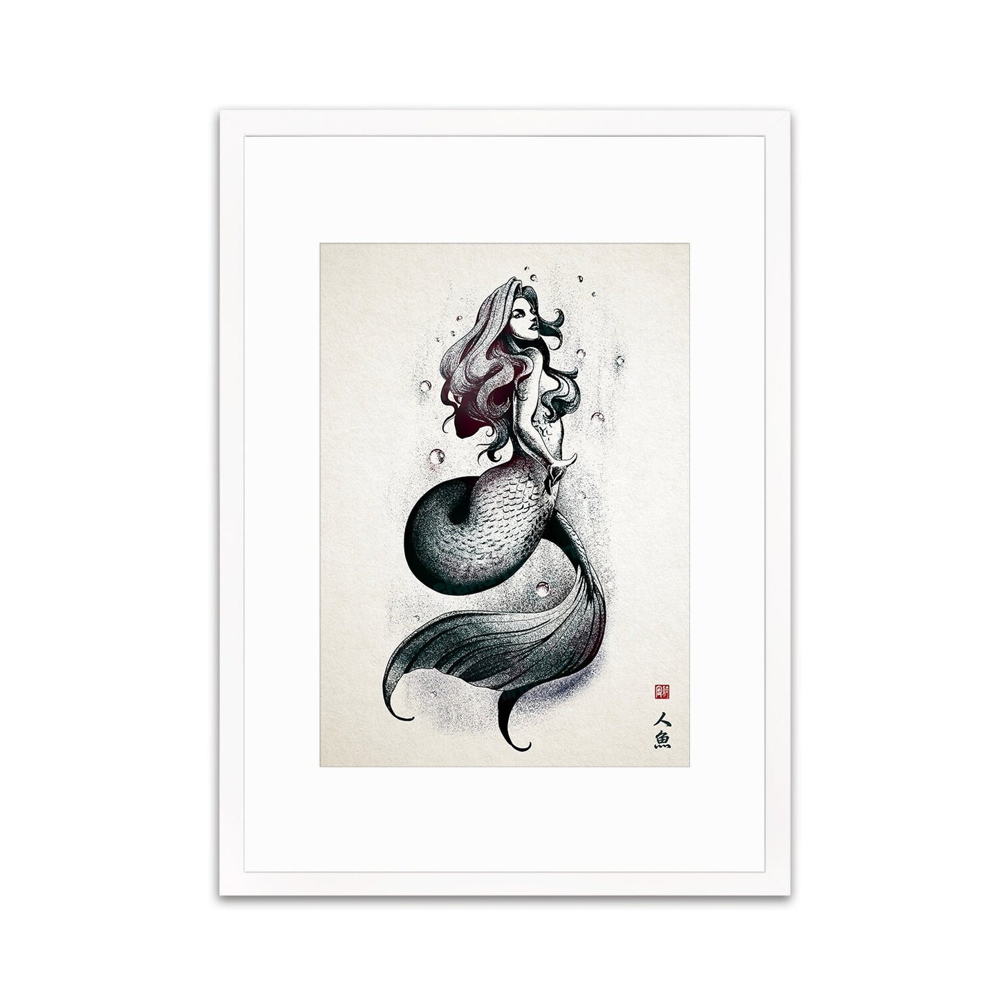 Mermaid Wall Art Framed Print Poster Japanese Calligraphy Yokai Anime Manga Ukiyo-e Woodblock Elegant Room Decor Beautiful Pretty Aesthetic