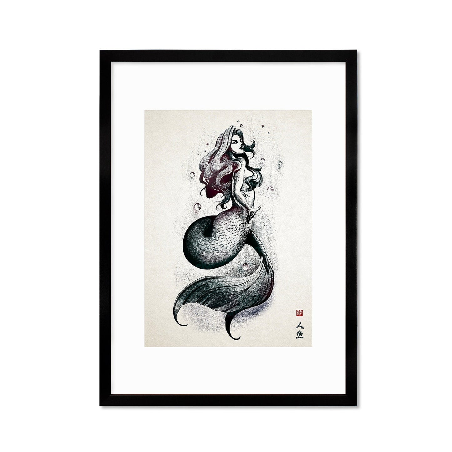 Mermaid Wall Art Framed Print Poster Japanese Calligraphy Yokai Anime Manga Ukiyo-e Woodblock Elegant Room Decor Beautiful Pretty Aesthetic