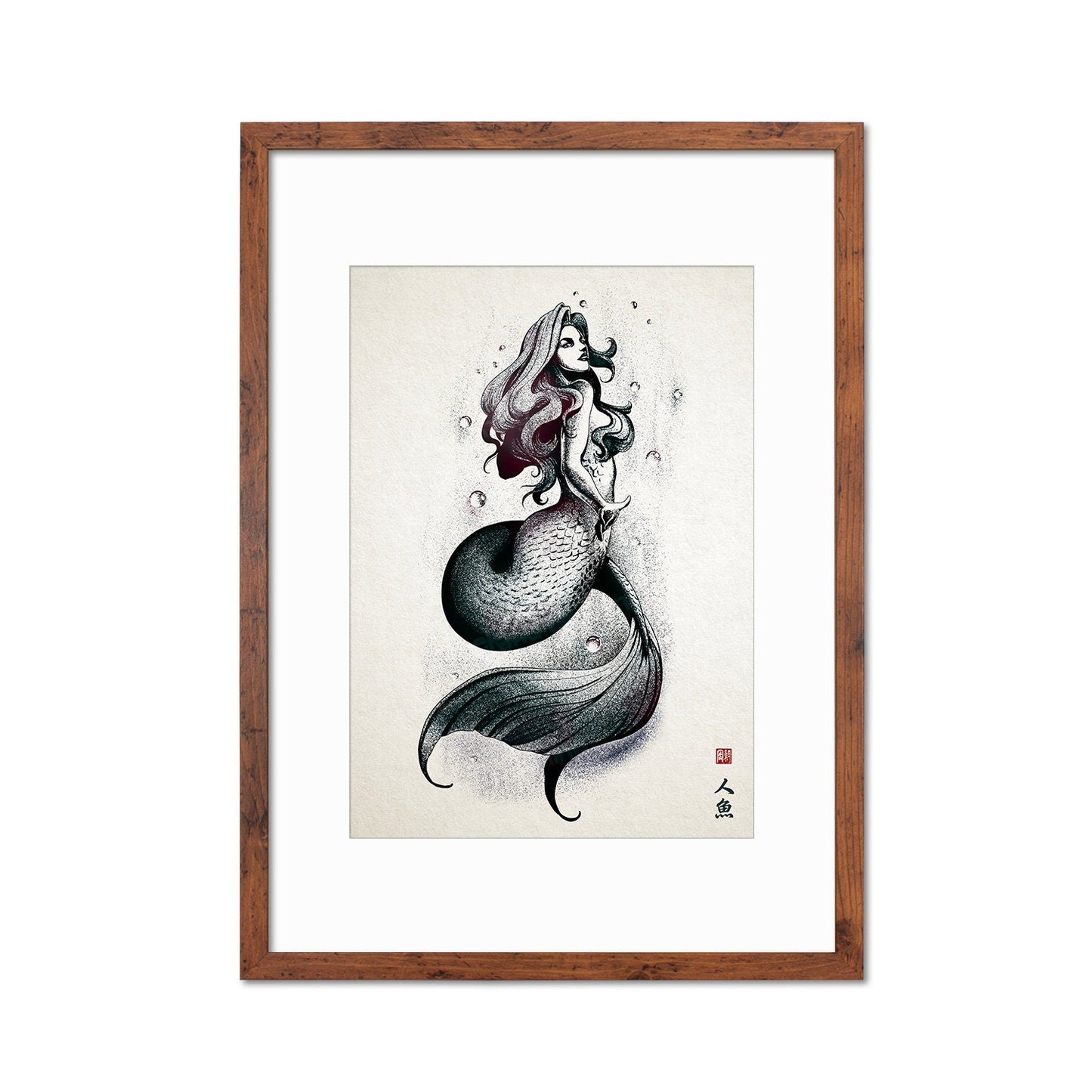 Mermaid Wall Art Framed Print Poster Japanese Calligraphy Yokai Anime Manga Ukiyo-e Woodblock Elegant Room Decor Beautiful Pretty Aesthetic