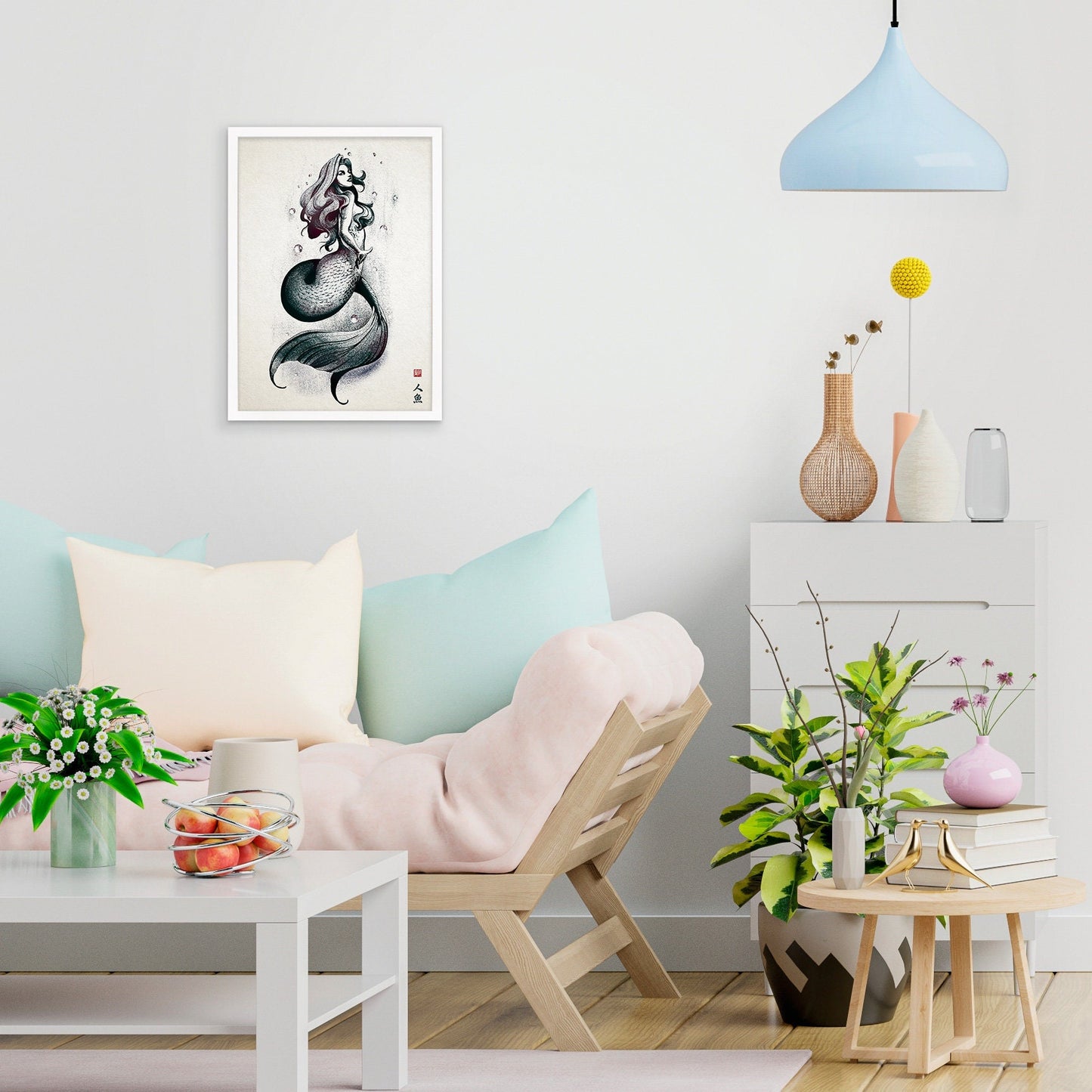 Mermaid Wall Art Framed Print Poster Japanese Calligraphy Yokai Anime Manga Ukiyo-e Woodblock Elegant Room Decor Beautiful Pretty Aesthetic