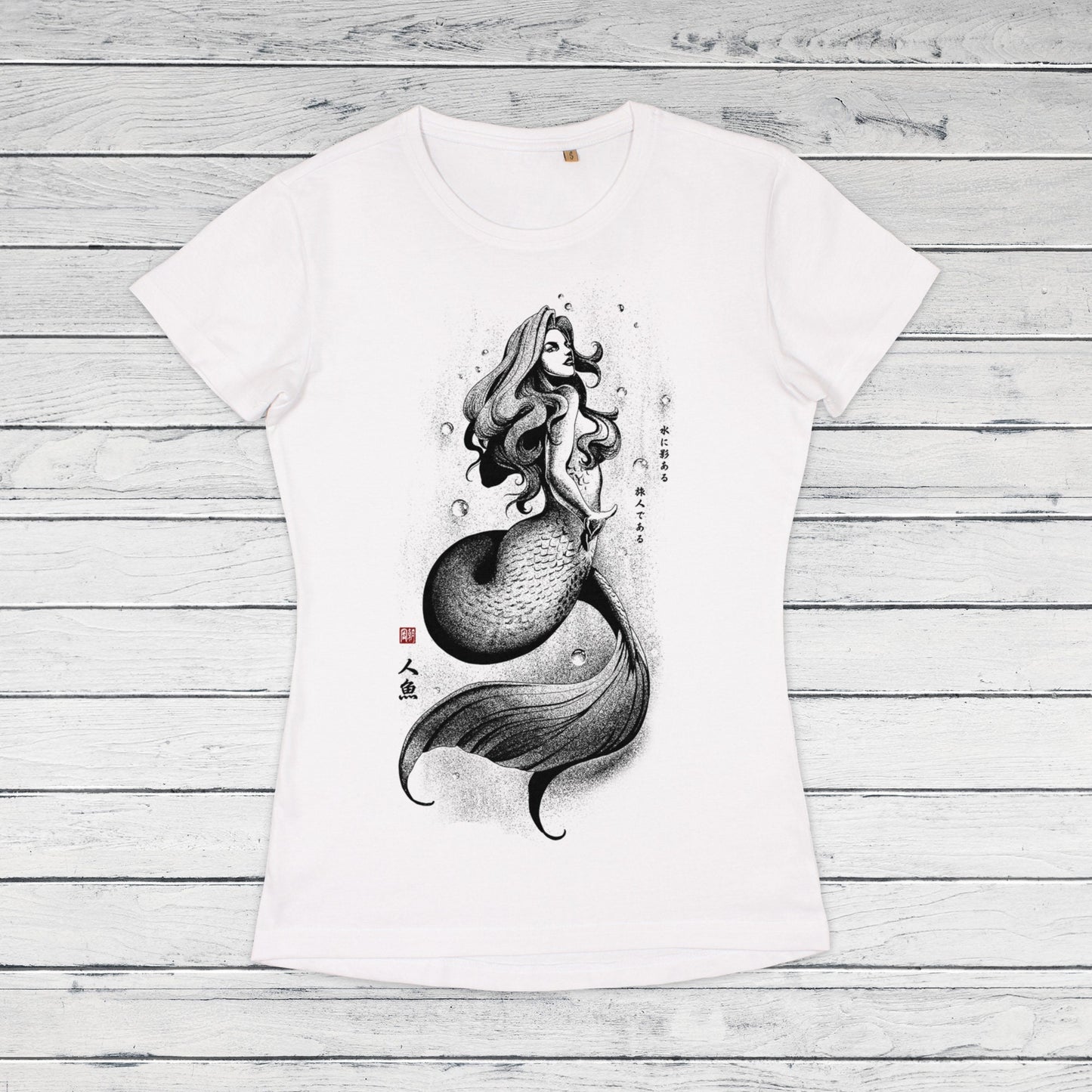 Mermaid Japanese Calligraphy T Shirt Gyotaku Traditional Ukiyo-e Japan Anime Manga Kanji Kyoto Siren Queen Kawaii Womens Girls Printed Tee