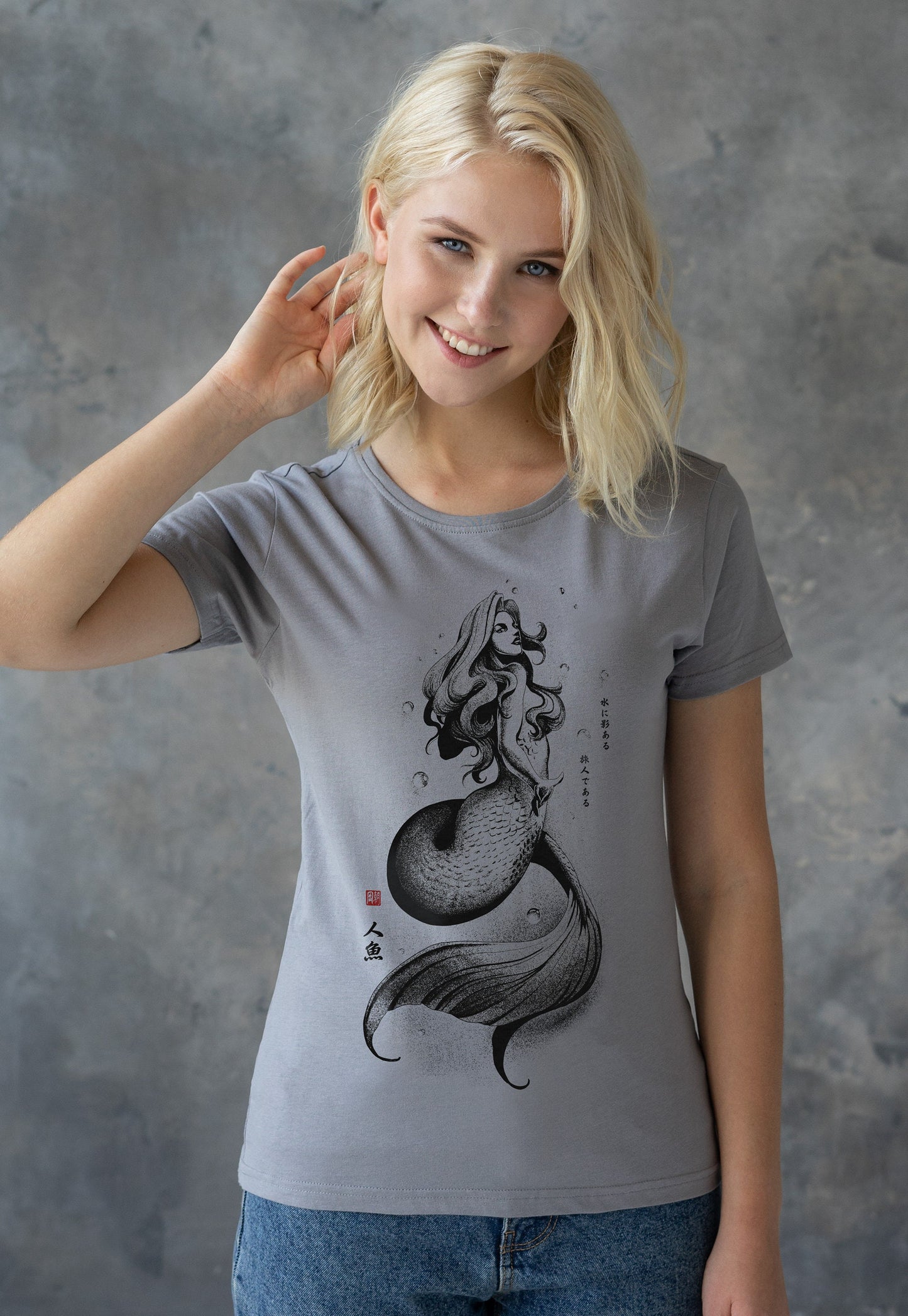 Mermaid Japanese Calligraphy T Shirt Gyotaku Traditional Ukiyo-e Japan Anime Manga Kanji Kyoto Siren Queen Kawaii Womens Girls Printed Tee