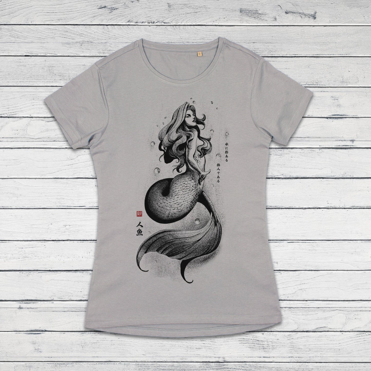Mermaid Japanese Calligraphy T Shirt Gyotaku Traditional Ukiyo-e Japan Anime Manga Kanji Kyoto Siren Queen Kawaii Womens Girls Printed Tee
