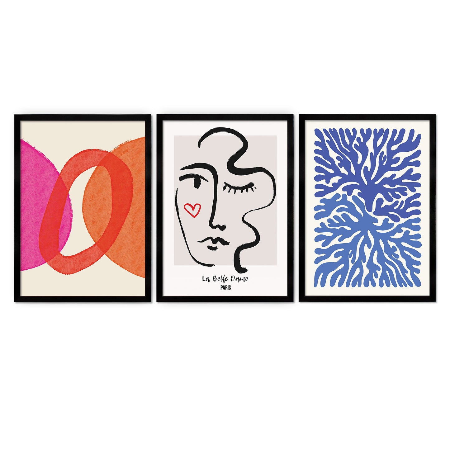 Set of 3 Three Abstract Art Print Posters Framed Frame Wall Home Decor Modern Contemporary Handdrawn Shapes Colorful Minimal Mid-century