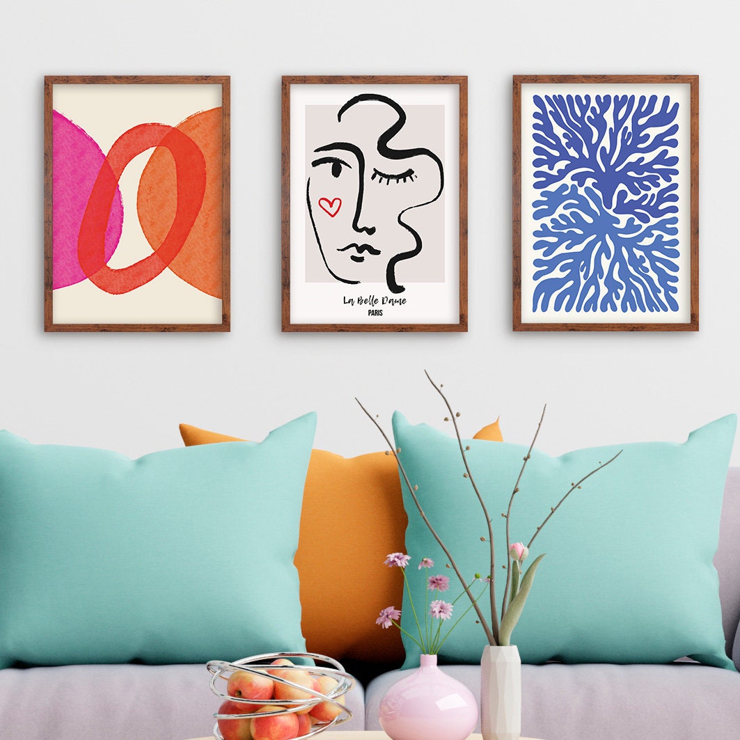Set of 3 Three Abstract Art Print Posters Framed Frame Wall Home Decor Modern Contemporary Handdrawn Shapes Colorful Minimal Mid-century