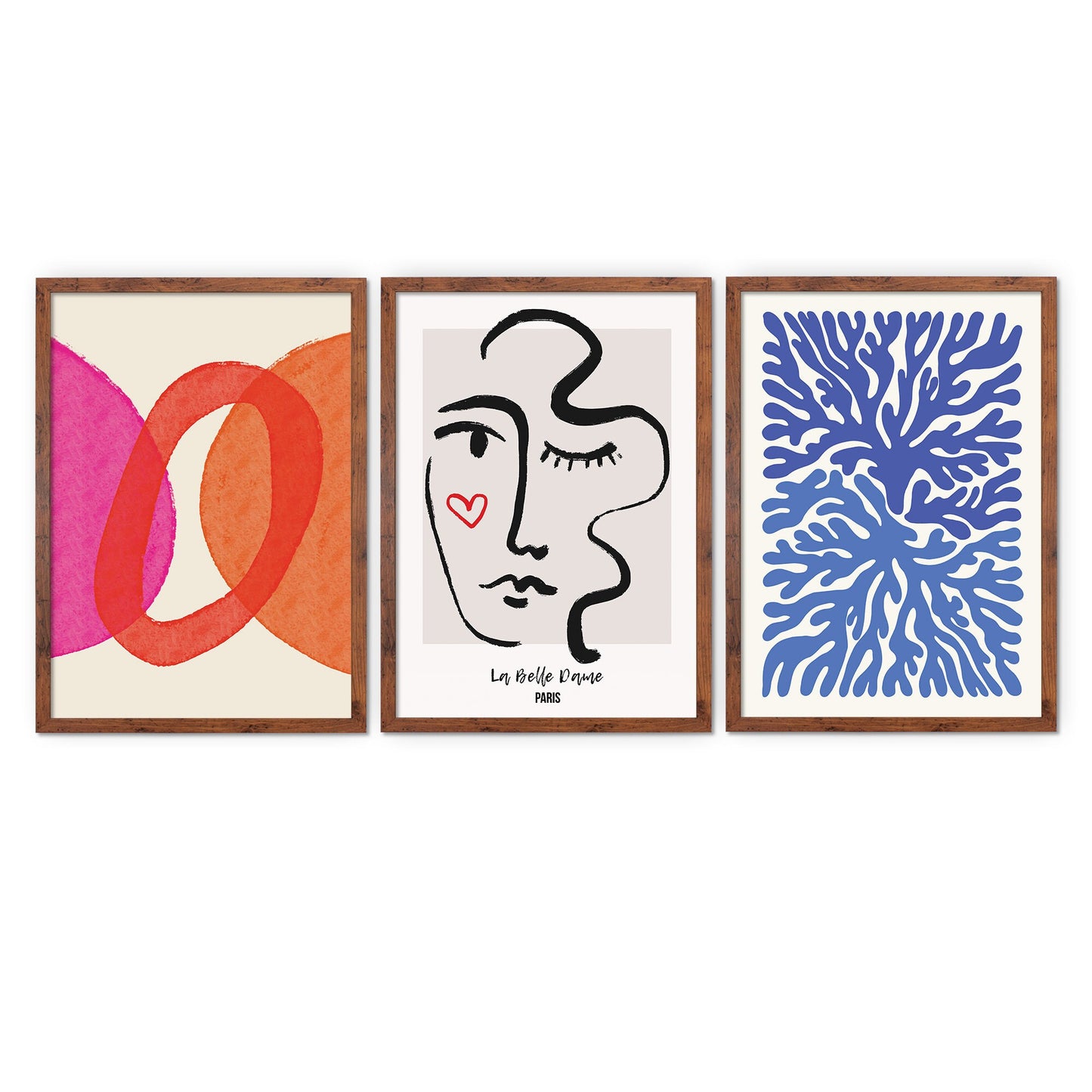 Set of 3 Three Abstract Art Print Posters Framed Frame Wall Home Decor Modern Contemporary Handdrawn Shapes Colorful Minimal Mid-century