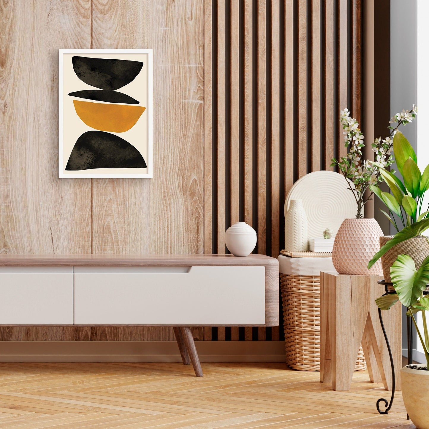 Framed Abstract Art Print Poster Wall Home Decor Modern Contemporary Brown Gold Black Calm Shapes Unique Beautiful Minimal Cairn Mid-century