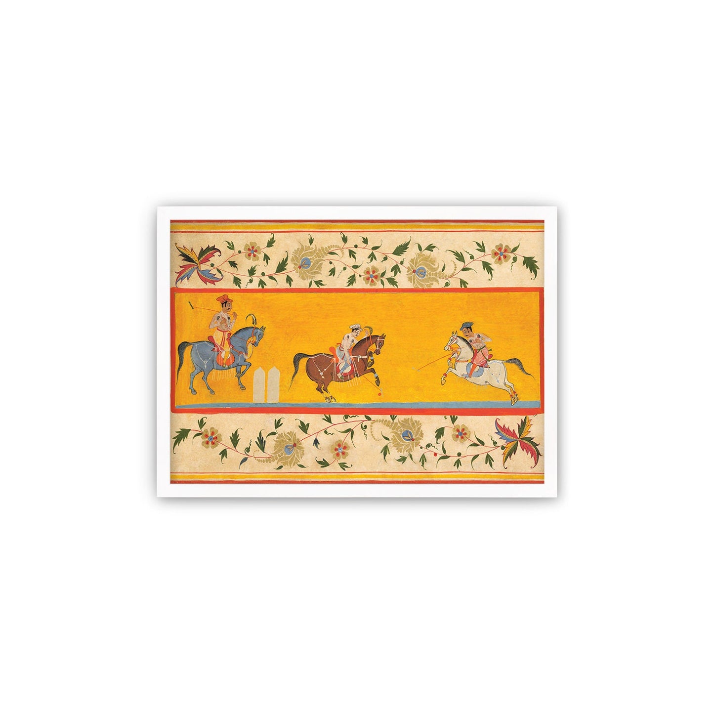Indian Art Vintage Framed Print Poster Antique Three Polo Players Hindu Rajasthan Punjab India Kerala Maharaj Raja Painting Beautiful Frame