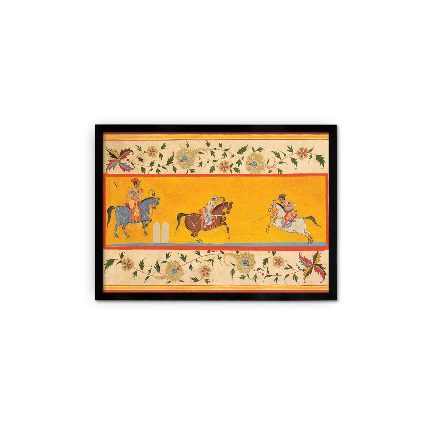 Indian Art Vintage Framed Print Poster Antique Three Polo Players Hindu Rajasthan Punjab India Kerala Maharaj Raja Painting Beautiful Frame