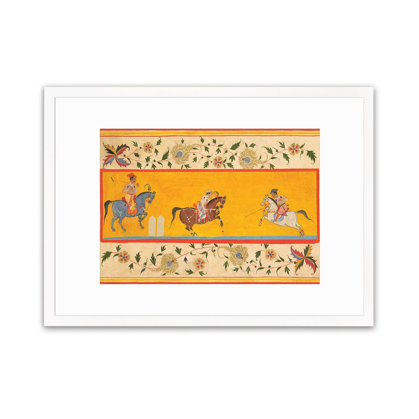 Indian Art Vintage Framed Print Poster Antique Three Polo Players Hindu Rajasthan Punjab India Kerala Maharaj Raja Painting Beautiful Frame