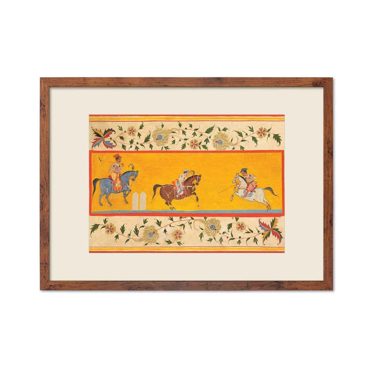 Indian Art Vintage Framed Print Poster Antique Three Polo Players Hindu Rajasthan Punjab India Kerala Maharaj Raja Painting Beautiful Frame