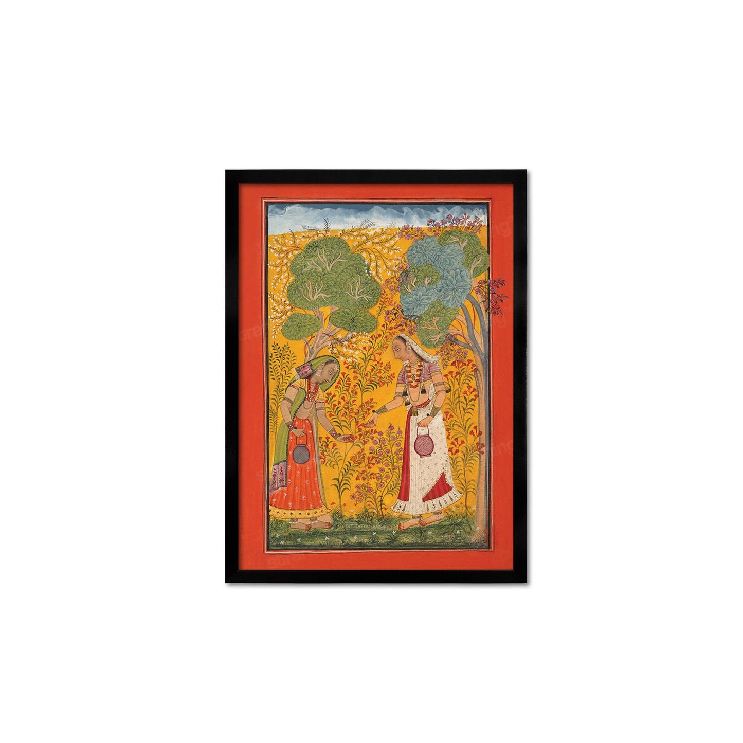 Framed Indian Art Vintage Print Poster Antique Vasanti Ragini Mehndi Henna Spring Hindu Ragamala Punjab India Painting Beautiful Garden Rani