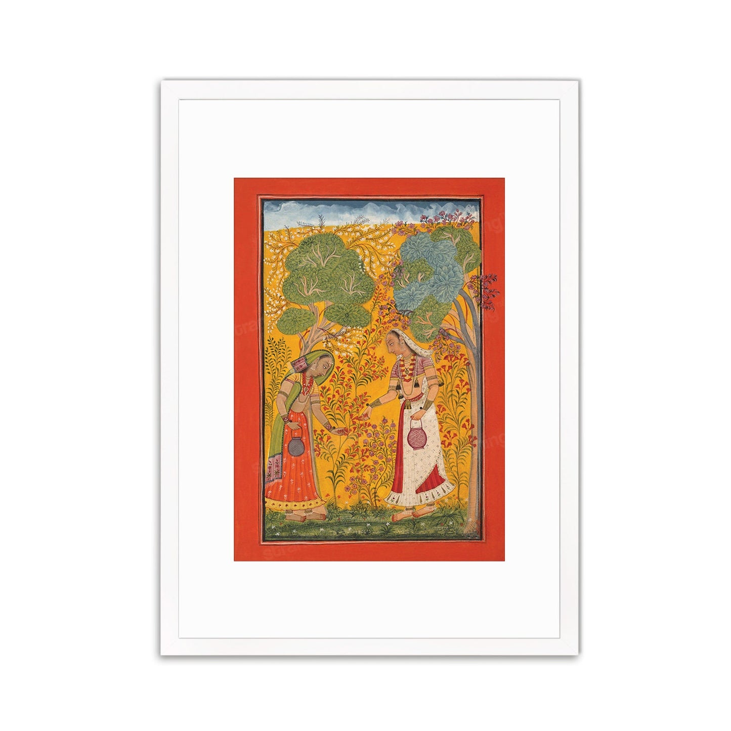 Framed Indian Art Vintage Print Poster Antique Vasanti Ragini Mehndi Henna Spring Hindu Ragamala Punjab India Painting Beautiful Garden Rani