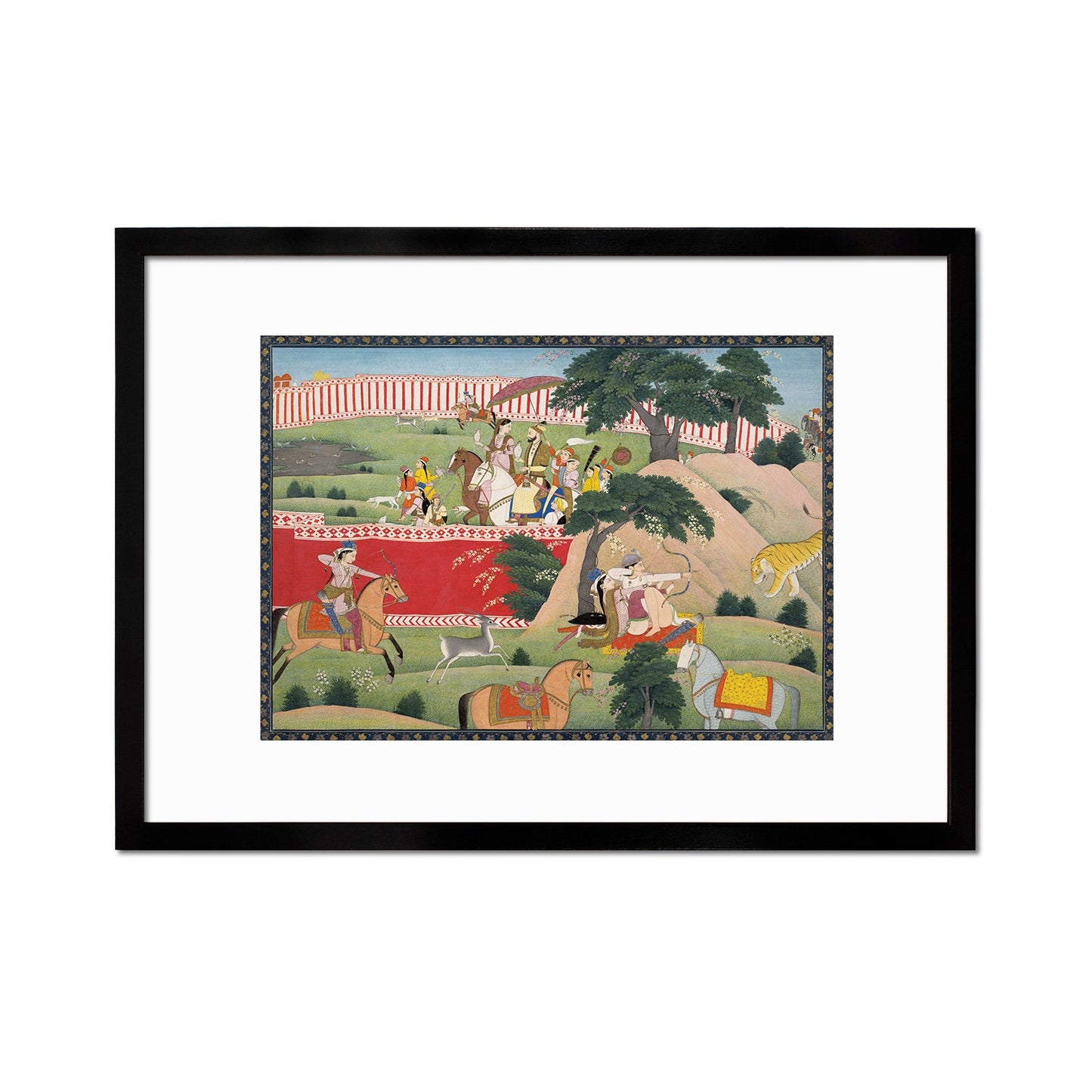Framed Indian Art Vintage Print Poster Antique Pleasures of the Hunt Lovers Hindu Punjab India Painting Tiger Elephant Sensual Erotic Couple