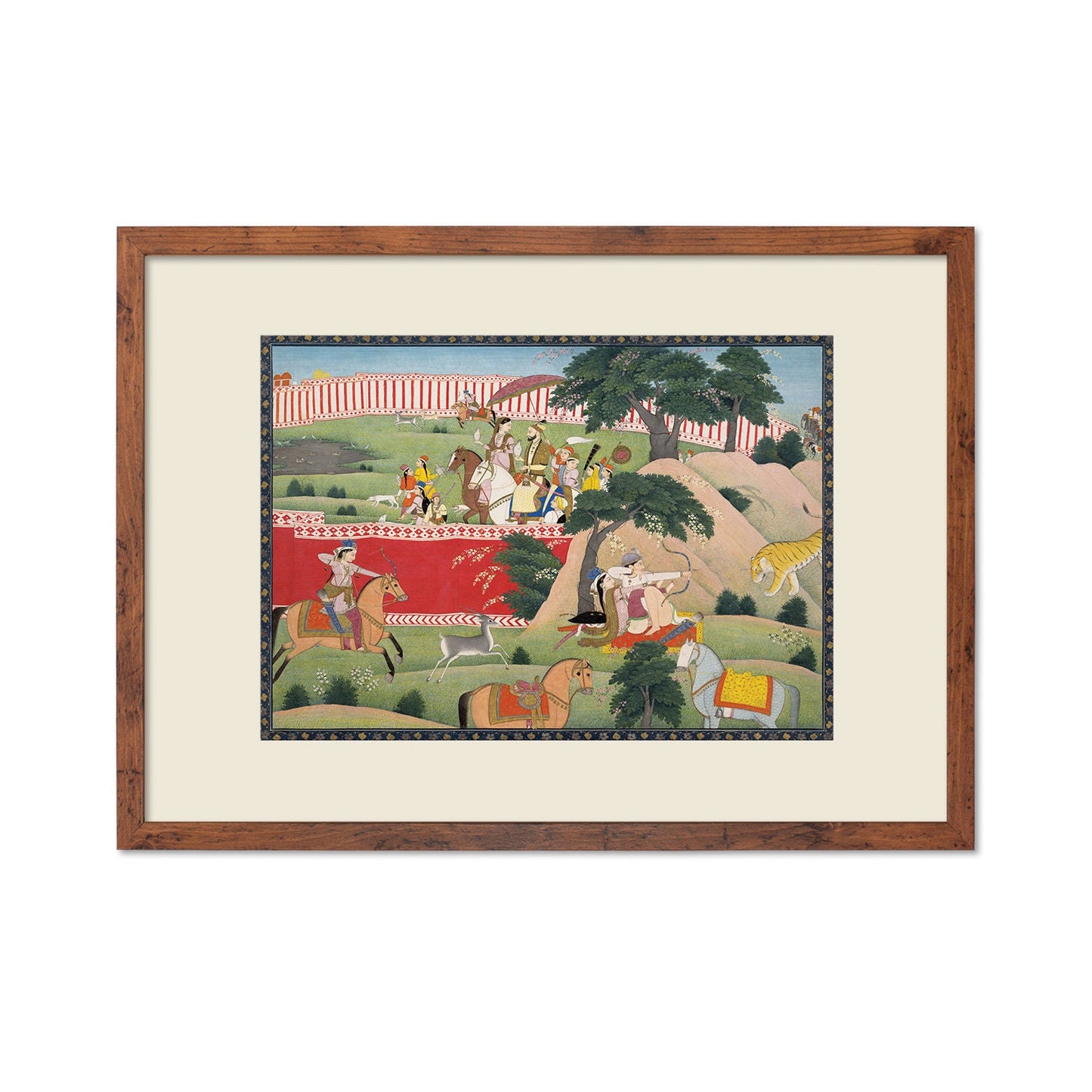Framed Indian Art Vintage Print Poster Antique Pleasures of the Hunt Lovers Hindu Punjab India Painting Tiger Elephant Sensual Erotic Couple