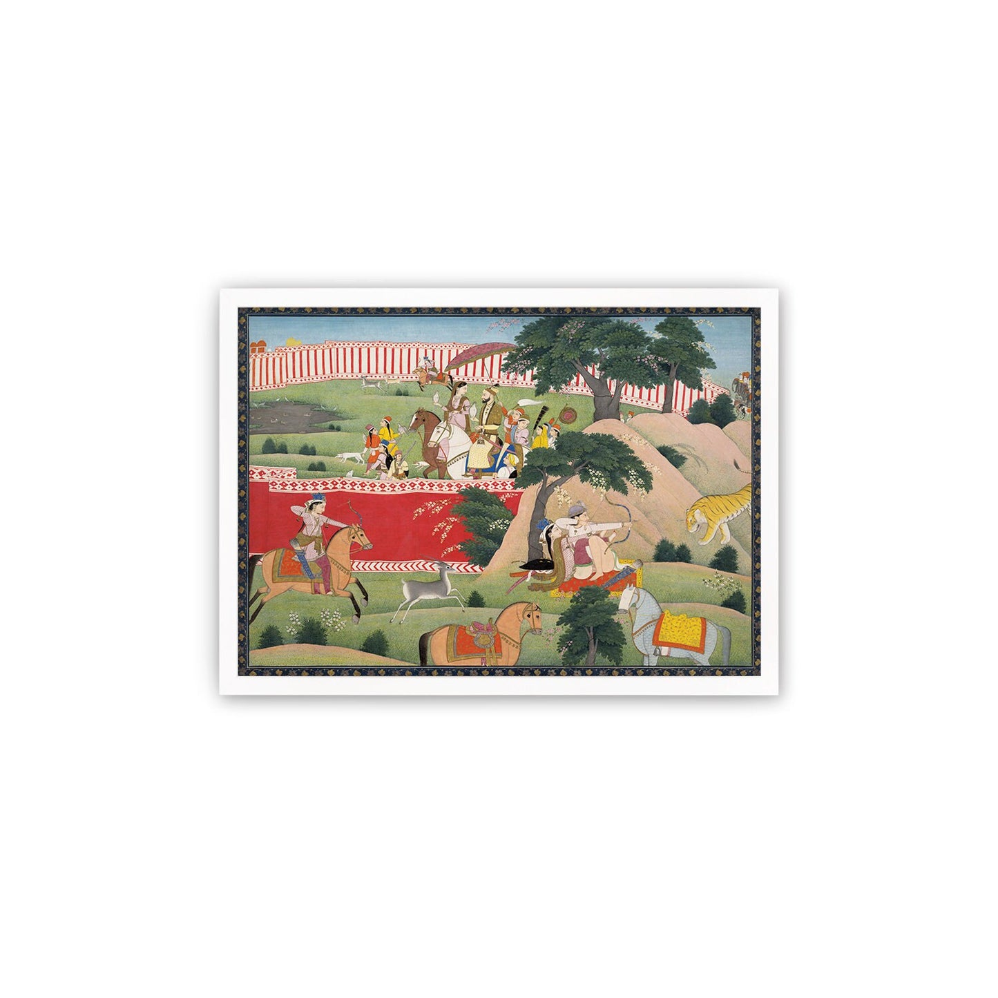Framed Indian Art Vintage Print Poster Antique Pleasures of the Hunt Lovers Hindu Punjab India Painting Tiger Elephant Sensual Erotic Couple