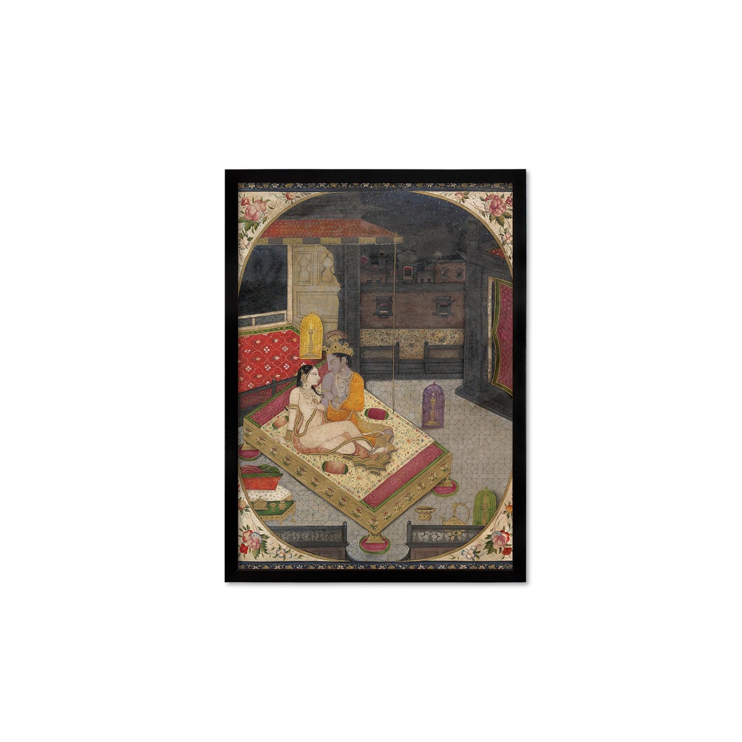 Framed Indian Art Vintage Print Poster Antique Radha and Krishna in Bed at Night Lovers Hindu Gita Govinda Punjab India Painting Sensual