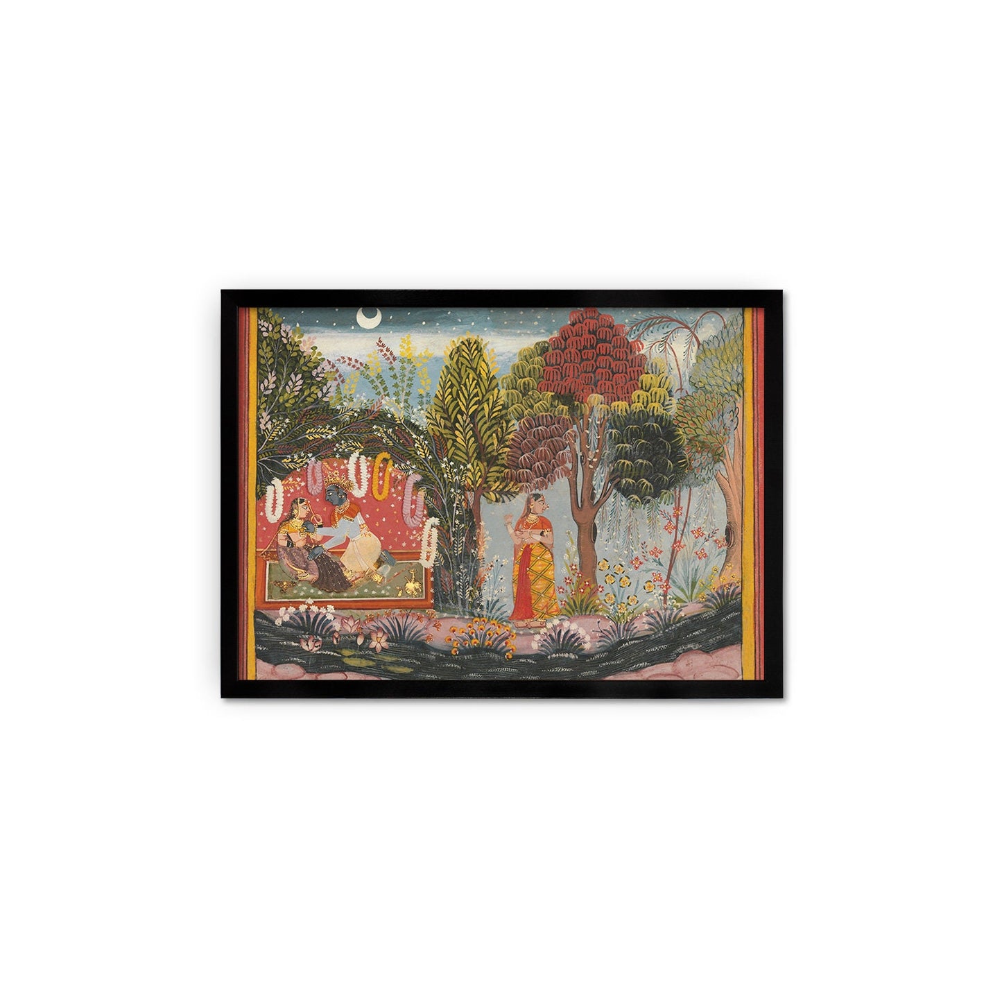 Framed Indian Art Vintage Print Poster Antique Radha and Krishna in a Bower Garden Lovers Sahibdin Hindu Gita Govinda Painting Sensual Frame