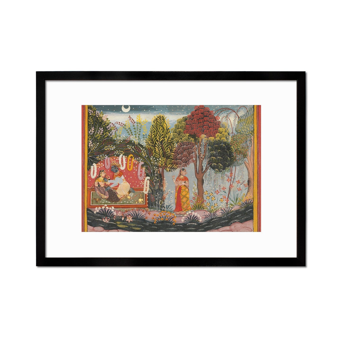 Framed Indian Art Vintage Print Poster Antique Radha and Krishna in a Bower Garden Lovers Sahibdin Hindu Gita Govinda Painting Sensual Frame