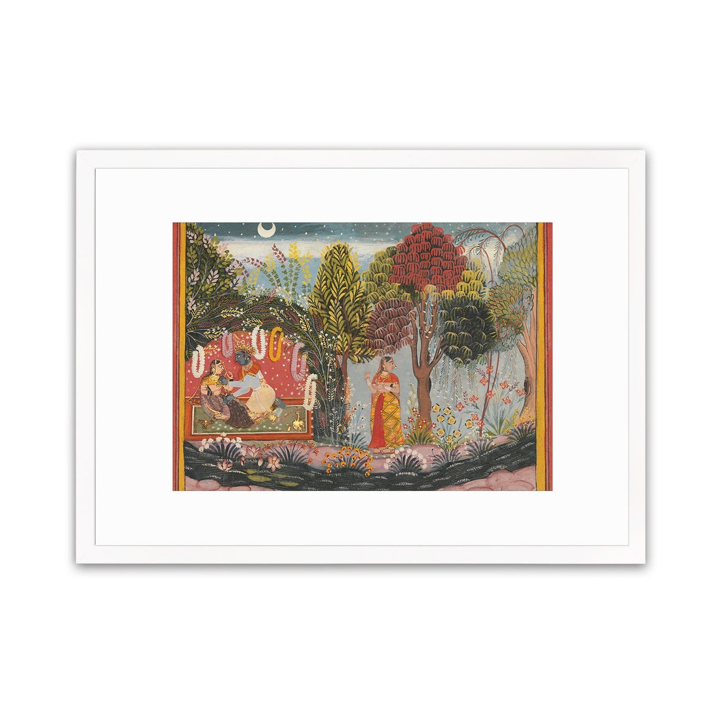 Framed Indian Art Vintage Print Poster Antique Radha and Krishna in a Bower Garden Lovers Sahibdin Hindu Gita Govinda Painting Sensual Frame