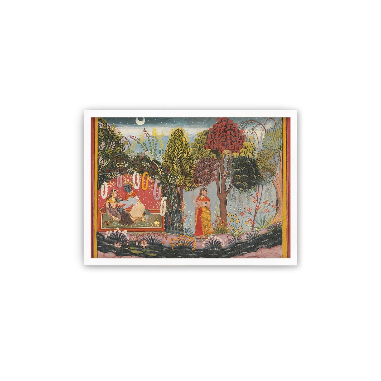 Framed Indian Art Vintage Print Poster Antique Radha and Krishna in a Bower Garden Lovers Sahibdin Hindu Gita Govinda Painting Sensual Frame