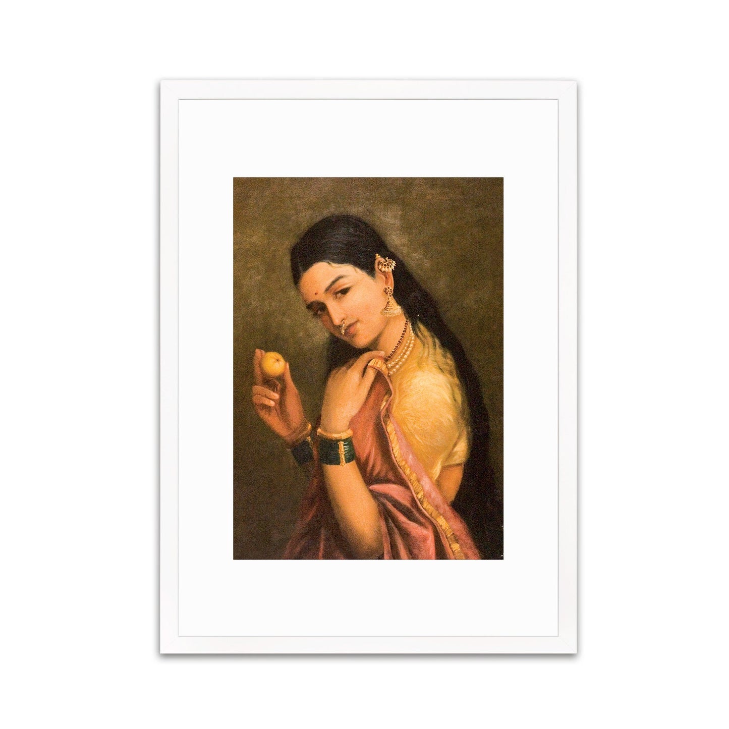 Framed Indian Art Vintage Print Poster Antique Raja Ravi Varma Woman Holding Fruit with India Hindu Kerala Tamil Nadu Painting Beautiful
