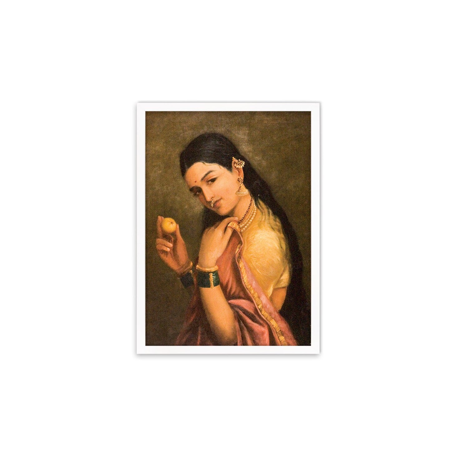 Framed Indian Art Vintage Print Poster Antique Raja Ravi Varma Woman Holding Fruit with India Hindu Kerala Tamil Nadu Painting Beautiful