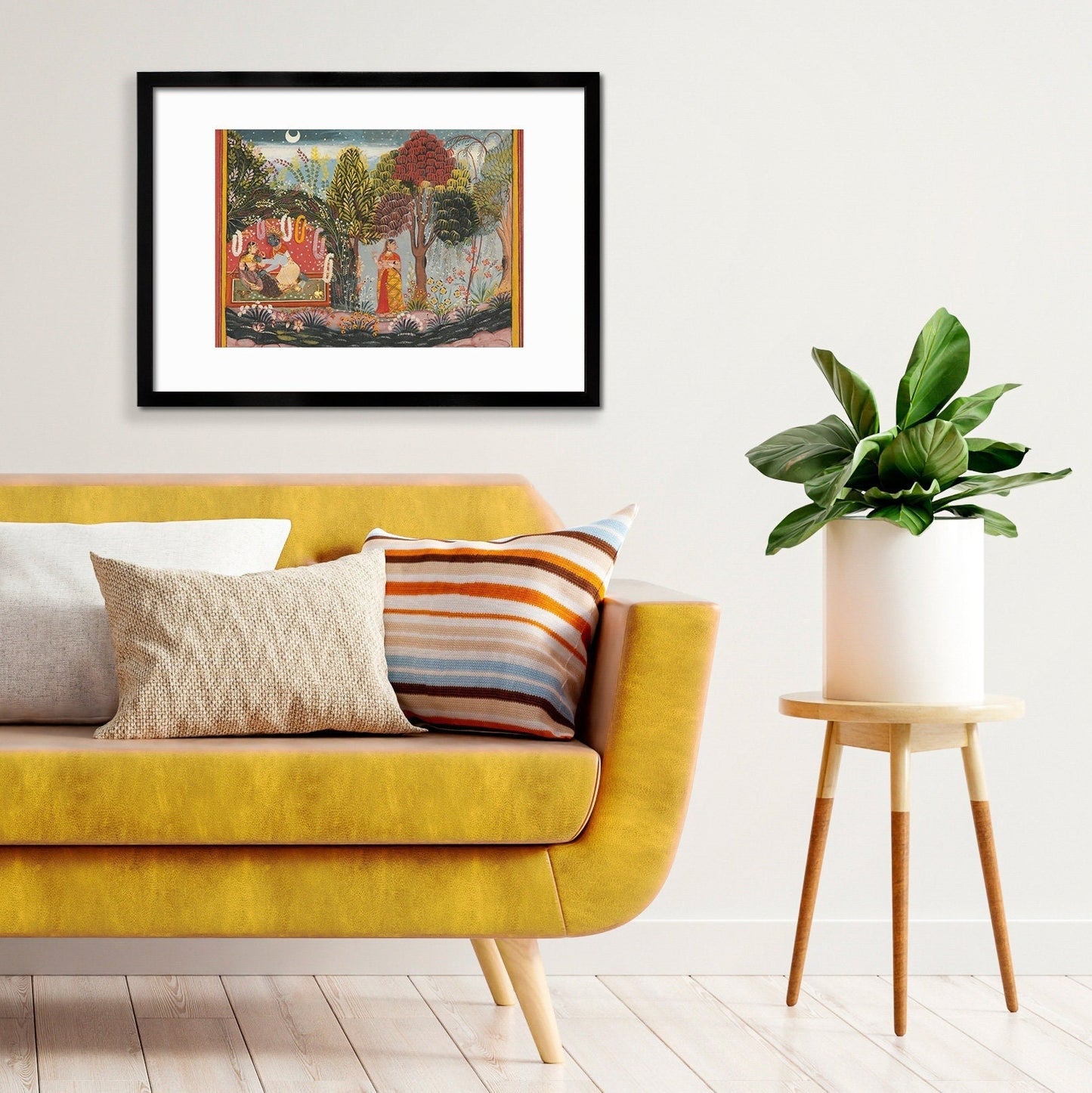 Framed Indian Art Vintage Print Poster Antique Radha and Krishna in a Bower Garden Lovers Sahibdin Hindu Gita Govinda Painting Sensual Frame