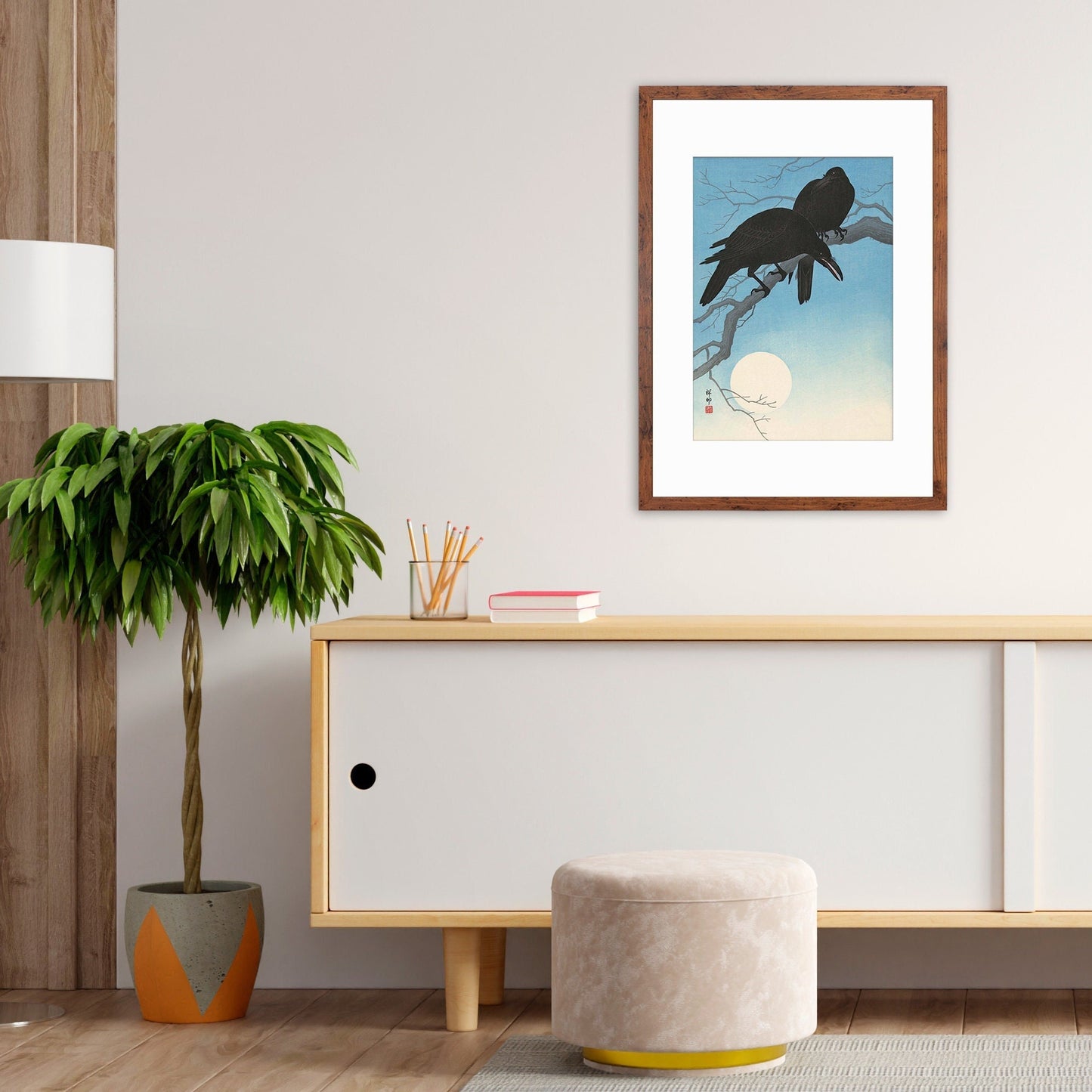 Japanese Art Two Crows Print Poster Woodblock Ukiyo-e Ohara Koson Shoson Raven Moon Bird Framed Mounted Wall Nature Landscape Elegant A3 A2