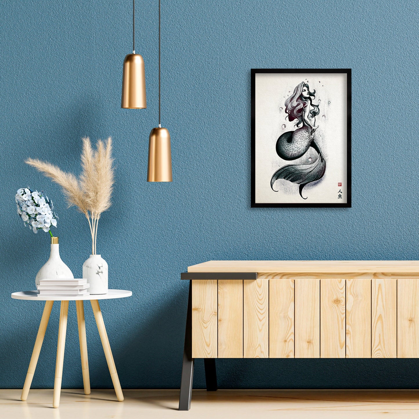 Mermaid Wall Art Framed Print Poster Japanese Calligraphy Yokai Anime Manga Ukiyo-e Woodblock Elegant Room Decor Beautiful Pretty Aesthetic
