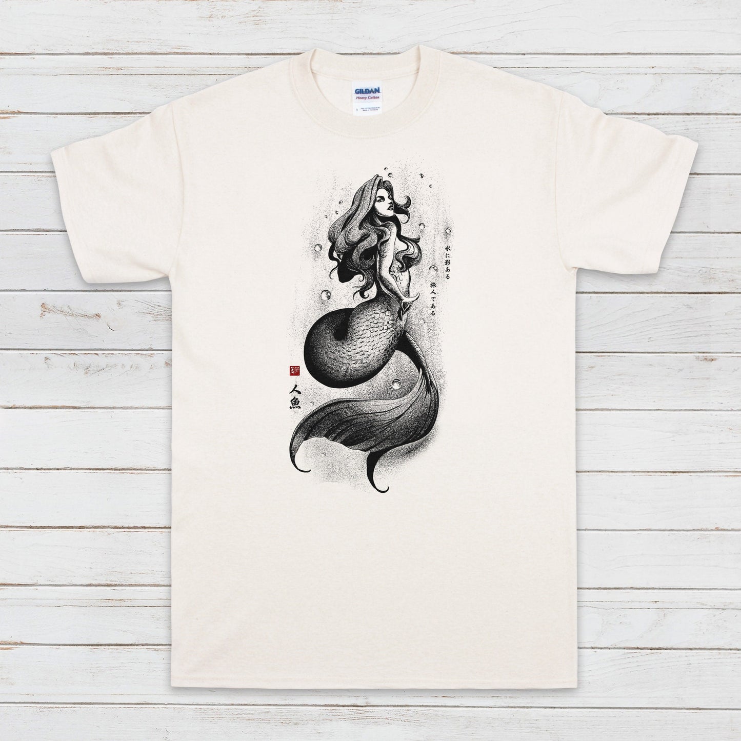 Mermaid Japanese Calligraphy T Shirt Gyotaku Traditional Ukiyo-e Japan Anime Manga Kanji Kyoto Siren Queen Kawaii Womens Mens Printed Tee
