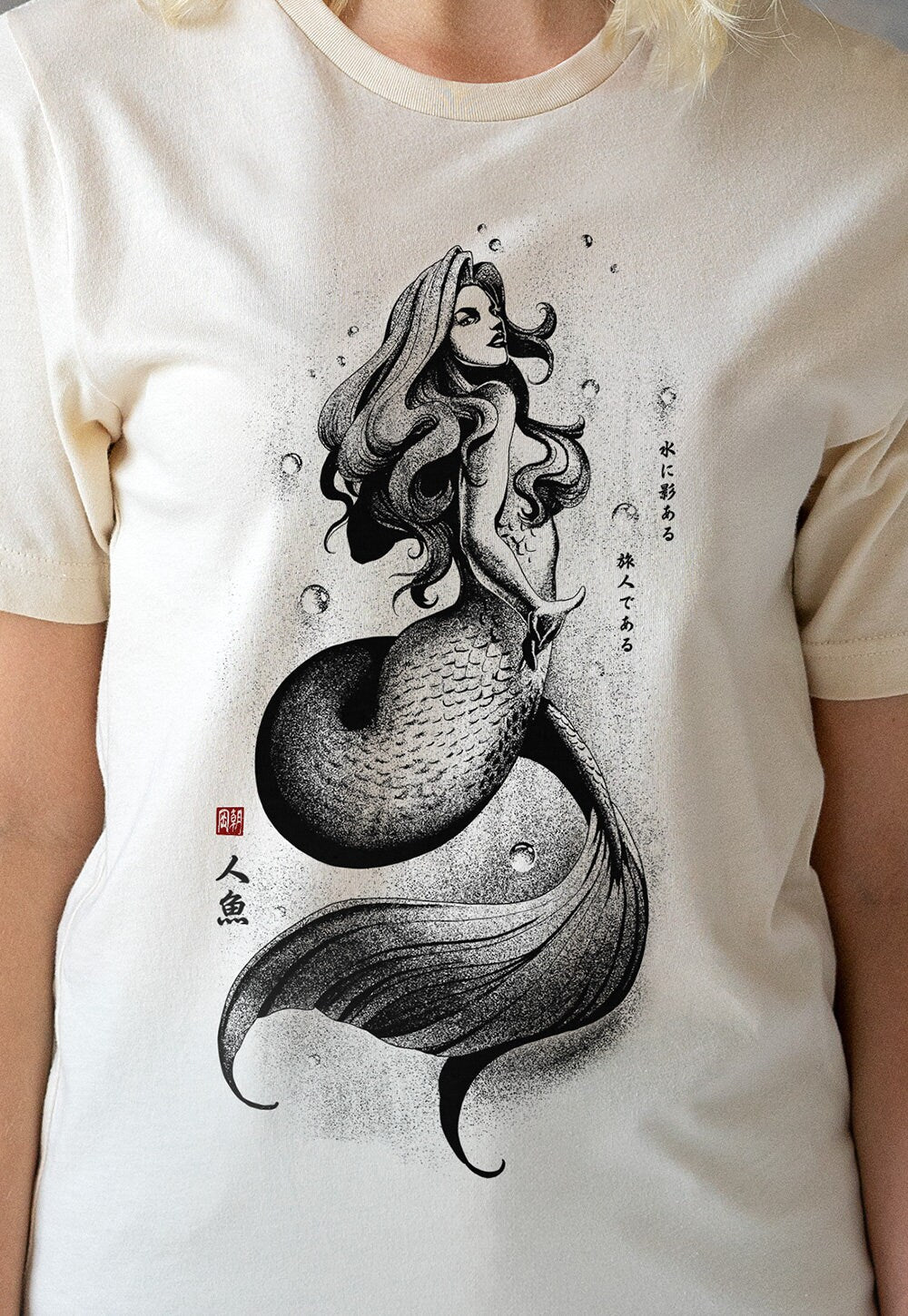 Mermaid Japanese Calligraphy T Shirt Gyotaku Traditional Ukiyo-e Japan Anime Manga Kanji Kyoto Siren Queen Kawaii Womens Mens Printed Tee