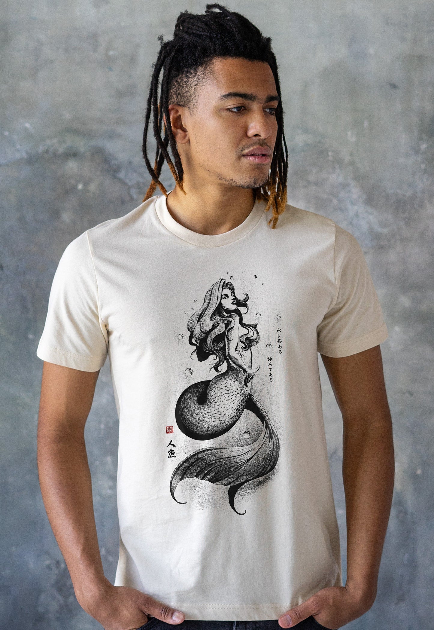 Mermaid Japanese Calligraphy T Shirt Gyotaku Traditional Ukiyo-e Japan Anime Manga Kanji Kyoto Siren Queen Kawaii Womens Mens Printed Tee