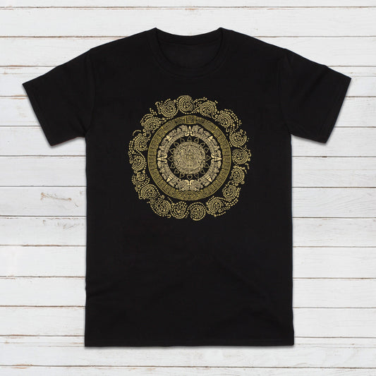 A black unisex T Shirt printed with a large design of a gold-coloured MayanIncan Aztec round calendar
