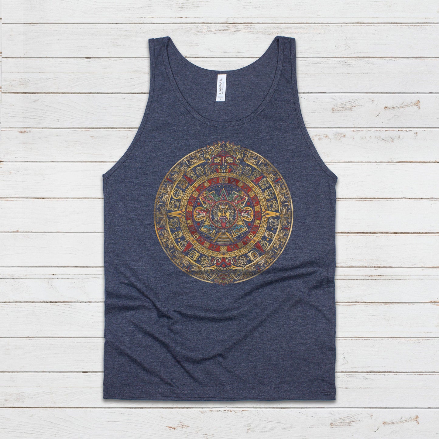 Aztec Mayan Round Calendar Symbols Tank Top Vest Vegan Incan Art Peru Quetzalcoatl Pyramid Mystic Serpent Andes Womens Mens Printed Cami Tee