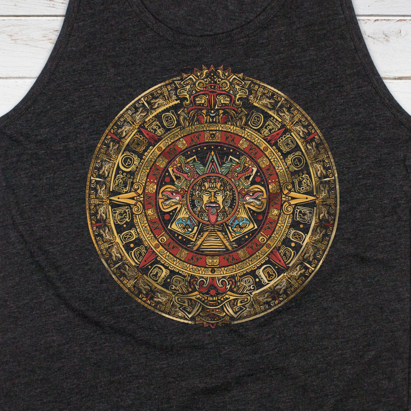 Aztec Mayan Round Calendar Symbols Tank Top Vest Vegan Incan Art Peru Quetzalcoatl Pyramid Mystic Serpent Andes Womens Mens Printed Cami Tee