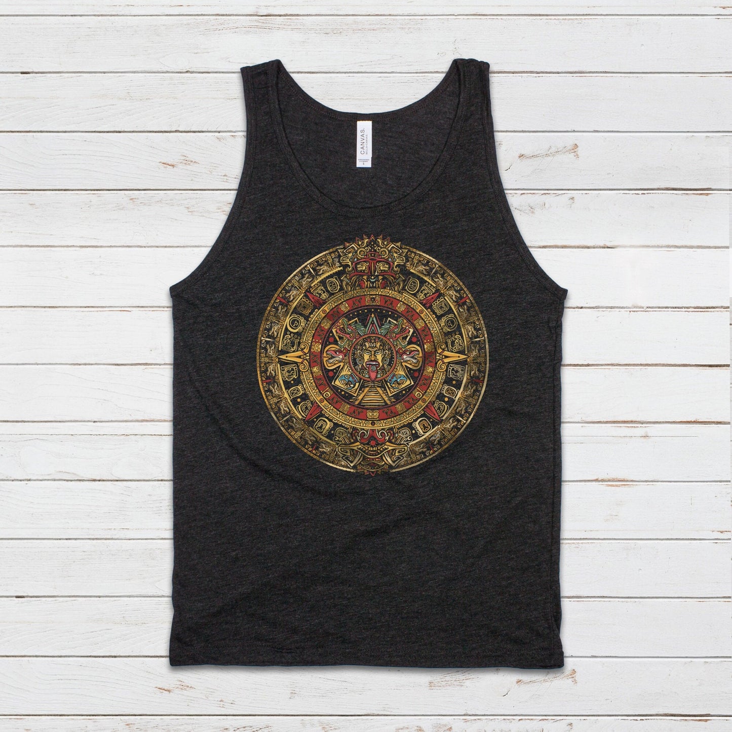 Aztec Mayan Round Calendar Symbols Tank Top Vest Vegan Incan Art Peru Quetzalcoatl Pyramid Mystic Serpent Andes Womens Mens Printed Cami Tee