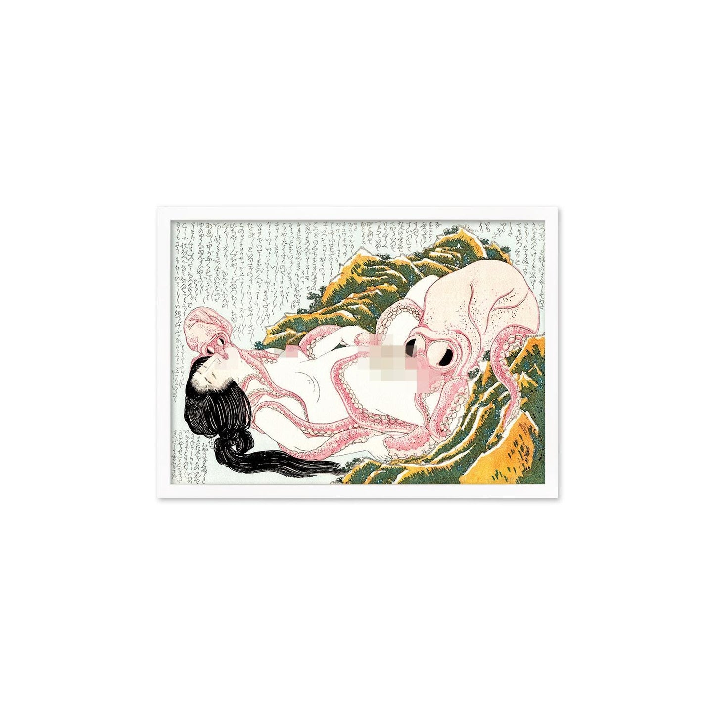 Japanese Shunga Art Framed Mounted Ukiyo-e Wall Decor Print Poster Woodblock Ama Diver Octopuses Hokusai Sensual Calligraphy Japan Tattoo