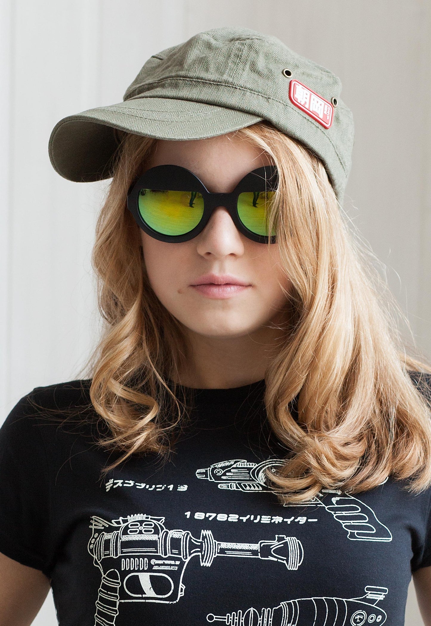 Cadet Army Cap with Japanese Vinyl Applique - Military Retro Vintage Mens Womens Khaki Green Hat Japan Aesthetic Streetwear Officer Kawaii